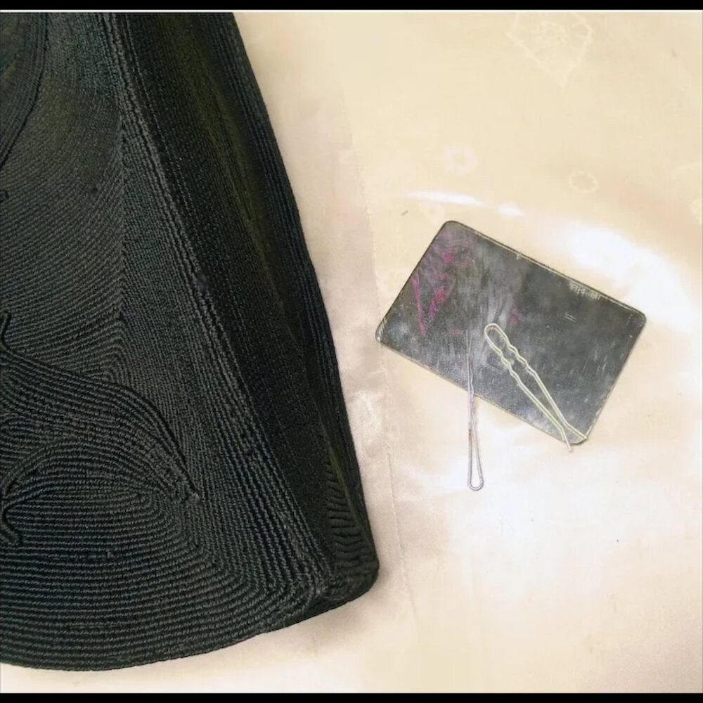 Vintage Art Deco Black Corde Purse, Mirror & Hairpins VFG 30s 1930s - Picture 2 of 12